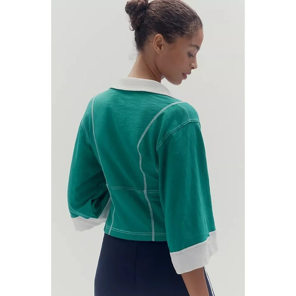 Pilcro Corset Inspired 3/4 Sleeve Polo Shirt Women M Green Anthropologie